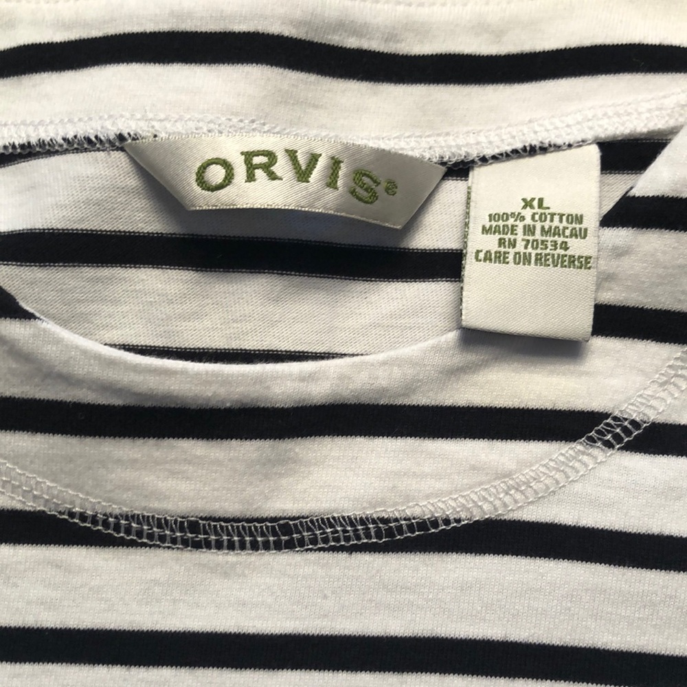 EUC Orvis 3/4 sleeve XL black and white horizontal striped top 100% cotton